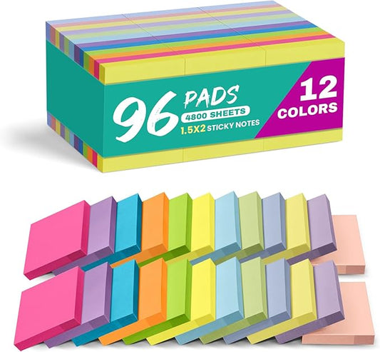 96 Pads Sticky Notes, 1.5x2 inches, Mini Soft Paste Self-Stick Note, 12 Colors Small Sticky Pads Perfect for Office, Study, and Home Life Organization-96 Pack