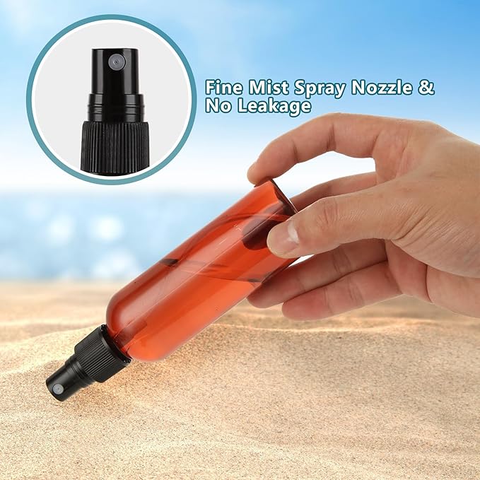 60Pcs 4oz Amber Plastic Spray Bottles, Small Empty Fine Mist Spray Bottle, Refillable Liquid Containers with Labels for Travel Perfume Essential Oil Skin Care Cleaning