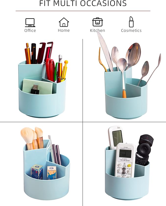 Desk Pencil Pen Holder, 3-Slot 360 Spinning Desk Organizer, Cute Pencil Cup Pot for Office, School, Art Supply - Blue