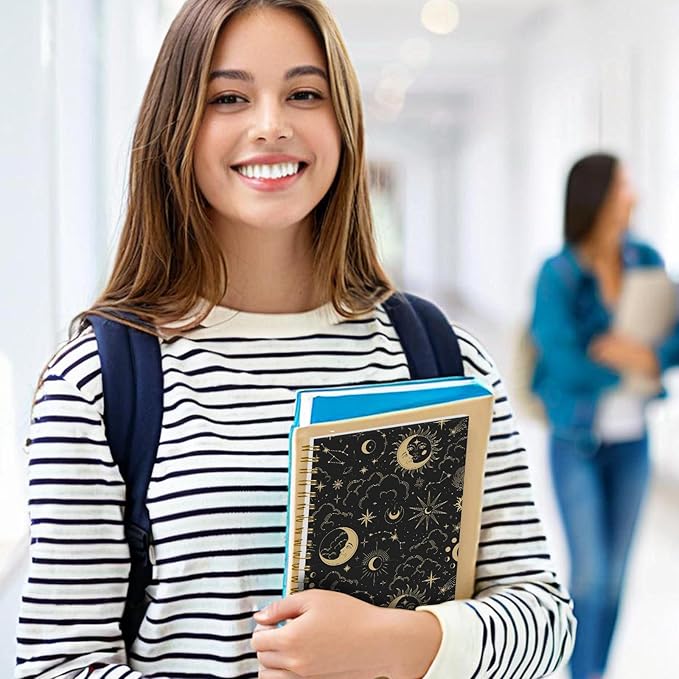Spiral Notebook Journal for Women Men, A5 Hardcover Journal, 120 Pages Thick Paper, College Ruled Writing Notebook for School, Work & Office 8.3'' × 5.9''(Star Sun Moon)