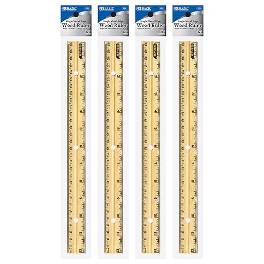 BAZIC Wooden Ruler 12" (30cm), Singel Metal Edge, Inches Centimeter Metric Measuring Drafting Rulers, for Students School Supplies, 4-Pack