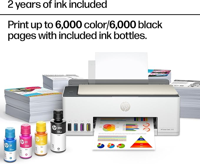HP Smart Tank 5000 Wireless All-in-One Ink Tank Printer, Scanner, Copier with 2 years of ink included, Best-for-home, Refillable, AI-enabled (5D1B6A)