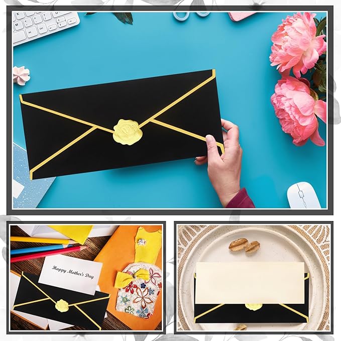 Business Envelopes with V-Flap,Gold Border 30 Pack #10 Envelopes Made of 150gsm Paper, Standard Envelopes with Gold Stickers for Office, Checks, Letter Mailing,9.45 x 4.13 Inches (Black)