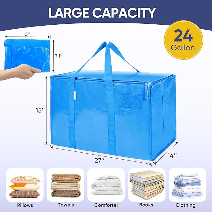 TICONN 2 Pack Extra Large Moving Bags with Zippers & Carrying Handles, Heavy-Duty Storage Tote Moving Boxes for Space Saving (2 Pack, Sky Blue)