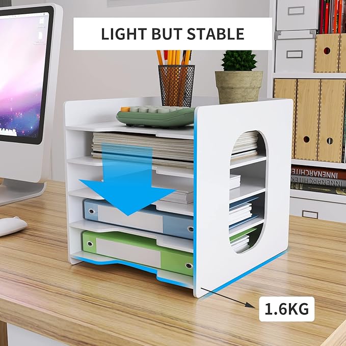 Natwind 5-Tier File Paper Organizer for Desk & Desktop - White File Holder with Mail Letter Tray & Paper Sorter for Home Office, School Classroom