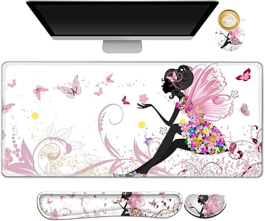 ARTSO Extended Gaming Mouse Pad Set, Keyboard Wrist Rest Support Pad + Wrist Cushion + XXL Large Mouse Pad + Coaster, Stitched Edge, Non-Slip, Memory Foam Desk Mat, Pink Butterfly Girl