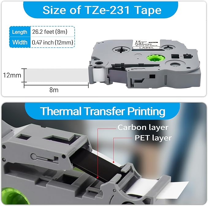 2PK TZe231 Label Maker Tapes Replacement for Brother P Touch Label Tape 12mm 0.47 Laminated White TZe-231 TZ-231 Compatible with Brother PTD220 PTH110 PTD400 PTD600 PT1900/1910