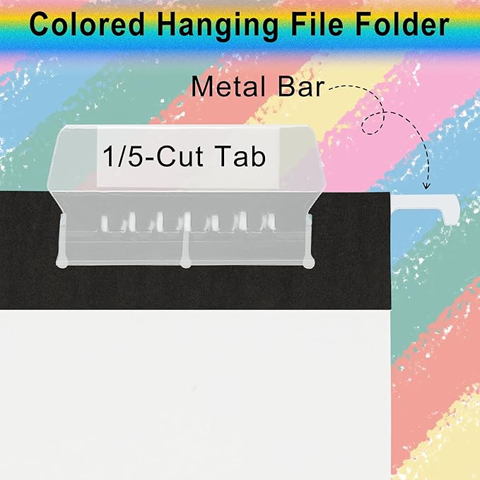 Letter Size Hanging File Folders-6 Pack,11 Point Black Paper Stock,1/5-Cut Adjustable Tabs,Bulk for Filing Cabinet