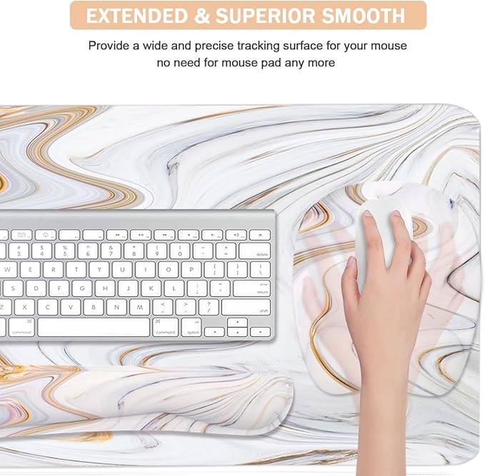 Keyboard Wrist Rest Large Mouse Pad Wrist Support for Computer, 4 in 1 Memory Foam Keyboard Pad Desk Mat Ergonomic Hand Rest Wrist Cushion for Home Office Gaming-White Marble