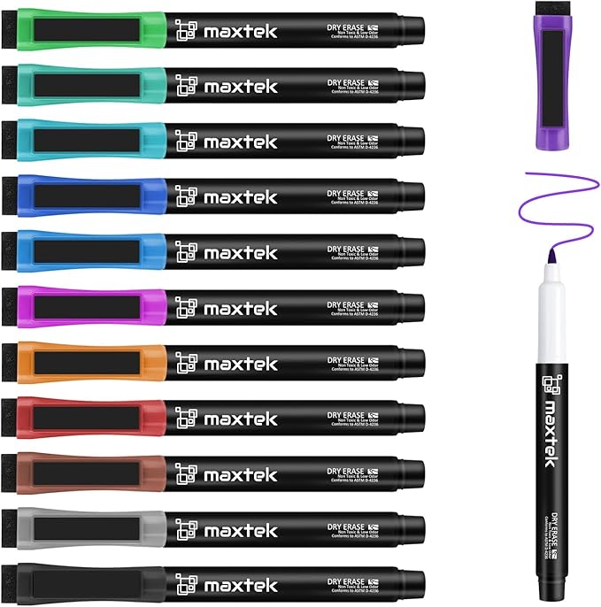 maxtek Magnetic Dry Erase Markers Ultra Fine Tip, 0.7mm Extra Fine Point Thin Dry Erase Markers with Eraser for Planning Whiteboard, Calendar Boards, 12 Colors, Low Odor
