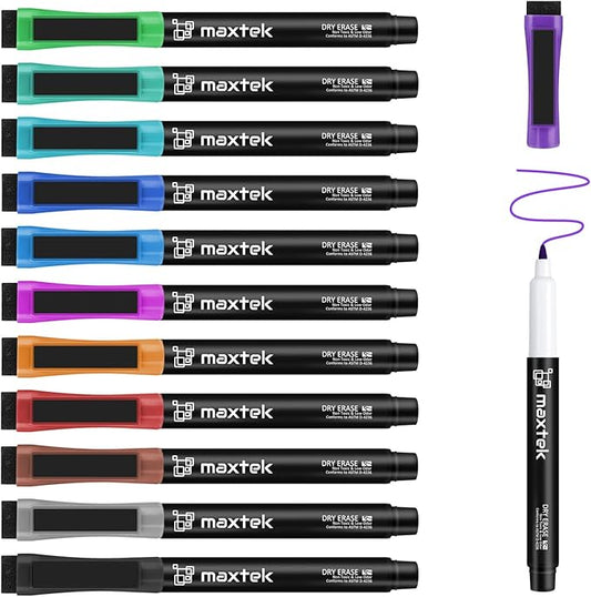 maxtek Magnetic Dry Erase Markers Ultra Fine Tip, 0.7mm Extra Fine Point Thin Dry Erase Markers with Eraser for Planning Whiteboard, Calendar Boards, 12 Colors, Low Odor