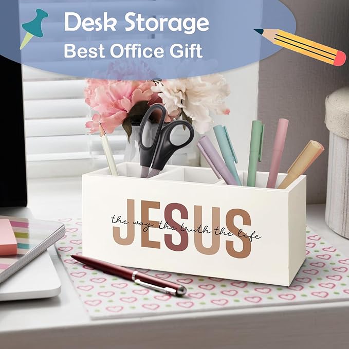 SNNDER Retro Christian Pen Holder for Desk, Christian Jesus Gifts for Women Men, Jesus the Way the Truth the Life Wooden Pen Pencil Holder Organizer for Home Office Desk Accessories