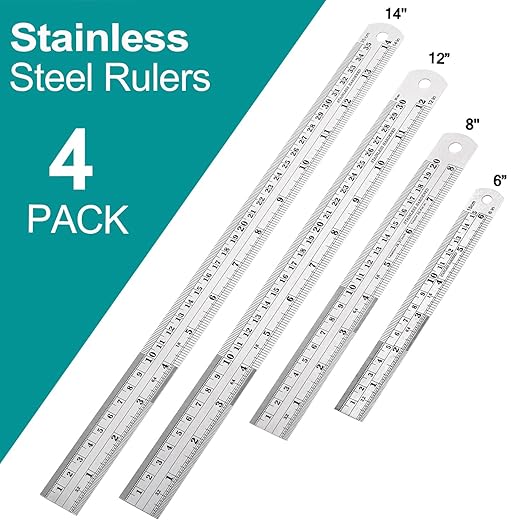 Metal Rulers, Steel Rulers Pack of 4, 6, 8, 12, 14-inch Stainless Steel Ruler