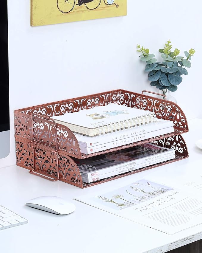 EasyPAG Paper Organizer for Desk 2 Tier Stackable Paper Tray for A4 Legal Size Folders Metal File Storage Desktop Organizer for Home Office School Teacher, Pink