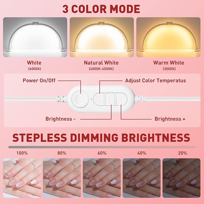 KIRKAS Foldable Esthetician for Half Moon Light Nail Tech for Lash, Craft, Tattoo, Manicure, 29in Large Nail Desk Lamp 4700 Lumens Adjustable 3 Color Modes & 10 Brightness with Phone Stand-White