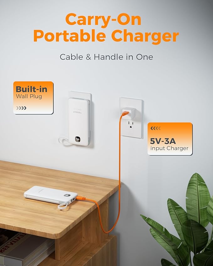 TESSAN Portable Charger with Built in Cables, 10000mAh Power Bank Fast Charging with Foldable Wall Plug Charger, 20W Compact Battery Pack Travel Essentials for iPhone 16/15 Series, Samsung, Tablets
