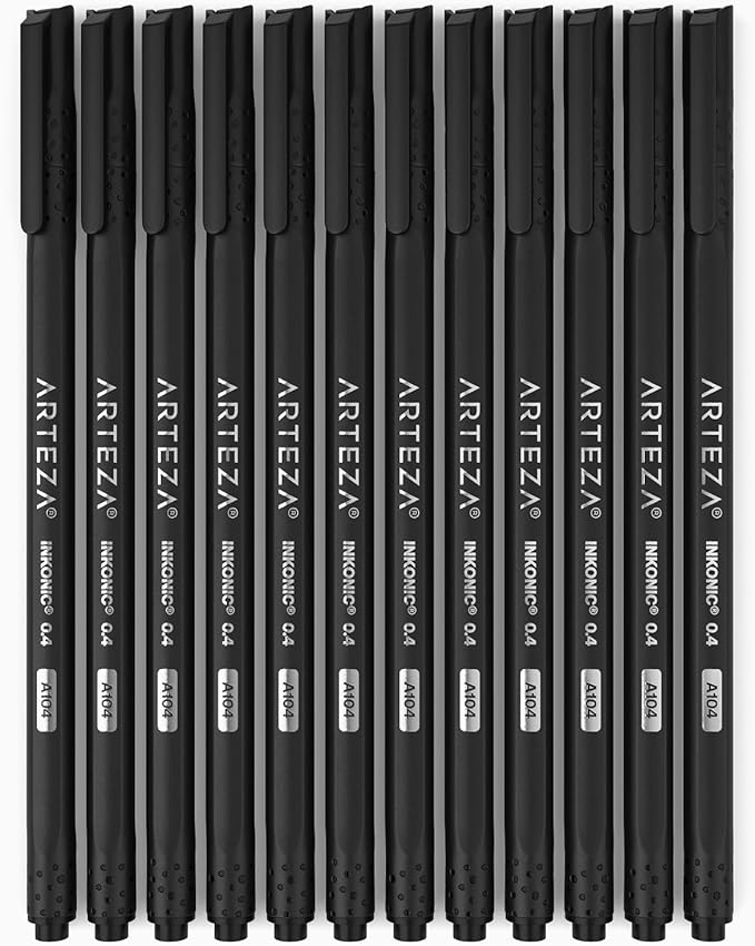 ARTEZA Black Inkonic Fineliners Pens, Set of 12, 0.4 mm Fine Tip Markers, Water-Based Art Pens for Drawing, Sketching, Journaling, Calligraphy