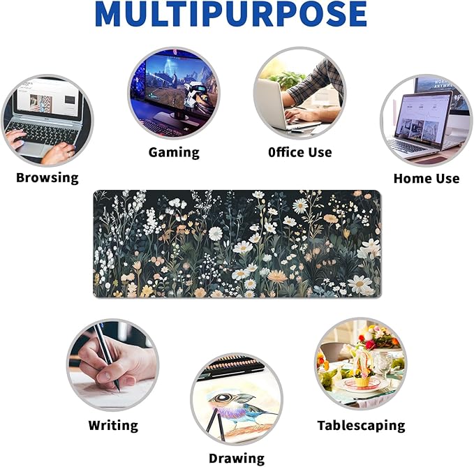 Flower Mouse Pad Abstract Black Mouse Pad 31.5x11.8 Inch Floral Texture Non-Slip Rubber Base Large Weeds Mousepad Stitched Edges Keyboard Mouse Mat Desk Pad for Office and Home