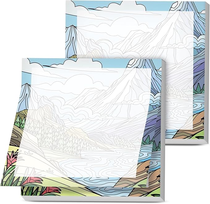 Sticky Notes, 2 Pads, 3x3 inches, Cute Colorful Fun Self-Stick Note Pads, Easy Post, Strong Adhesive Notepad Cartoon Mountain Landscape