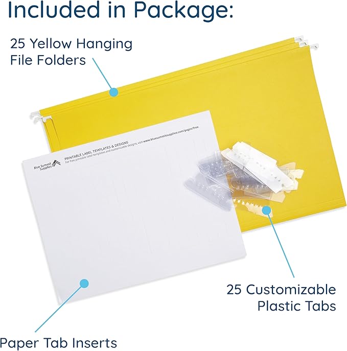 25 Blue Summit Supplies Yellow Legal Size Hanging File Folders - Durable 11pt Paper, Hanging Legal File Folders Yellow with Plastic Tabs and Inserts, Legal Size