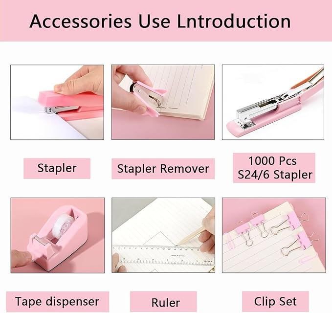 Office Supplies,Desk Accessories,Tape Holder,Stapler,Scissor,Staple Remover,Box of Binder Clips,Staples,Ballpoint Pen,Sticky Notes,Clear Tape,Ruler,Office Supplies Set Pink