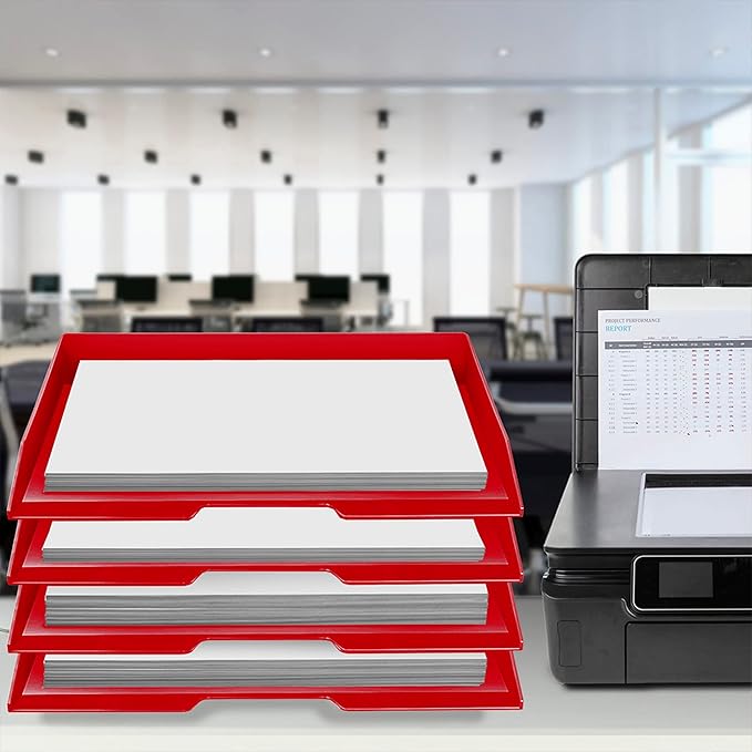 Acrimet Stackable Letter Tray 4 Tier Side Load, Plastic, Desktop File Organizer (Solid Red Color)