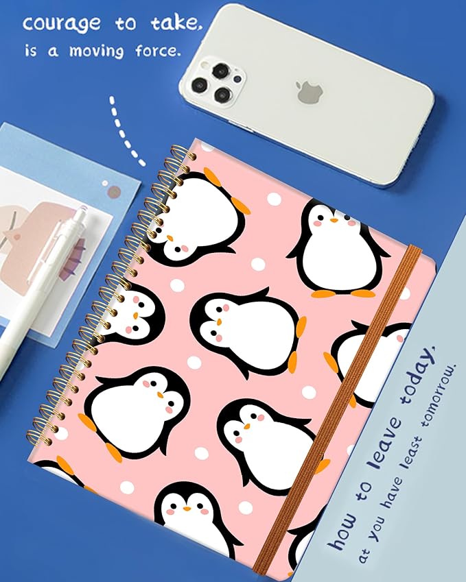 Ruled Spiral Writing Notebook,A5 Hardcover Lined College Journal for Women,Strong Twin-Wire Binding with Premium Paper,8.4" X 6",Perfect for School,Office,Home(Cute Penguin)