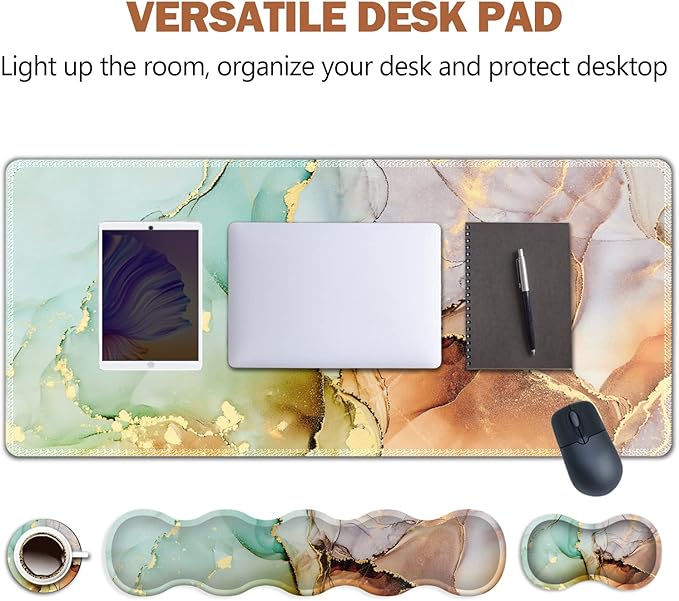 Upgraded Extended Gaming Mouse Pad, Keyboard Wrist Rest Pad, Wrist Support Mousepad Set, Artso Large Rubber Base Stitched Edges Desk Pad (35 x15.5 in) for Office, Home,Abstract Art Marble