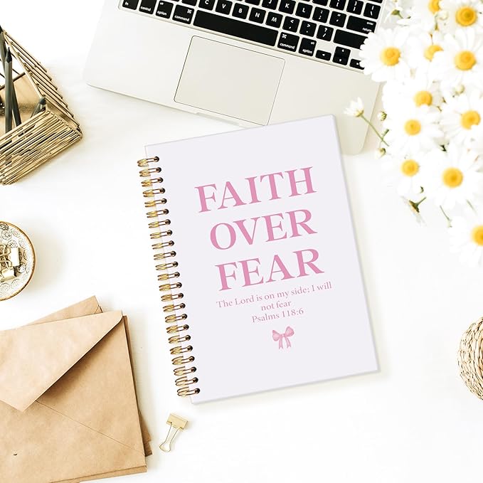 Coquette Pink Bow Notebook Journals, Prayer Journal for Woman, Christian Gifts Cute Notebooks for Women，Bible Notebooks for Note Taking, Faith Over Fear Hardcover Spiral Notebook 5.5x8.3