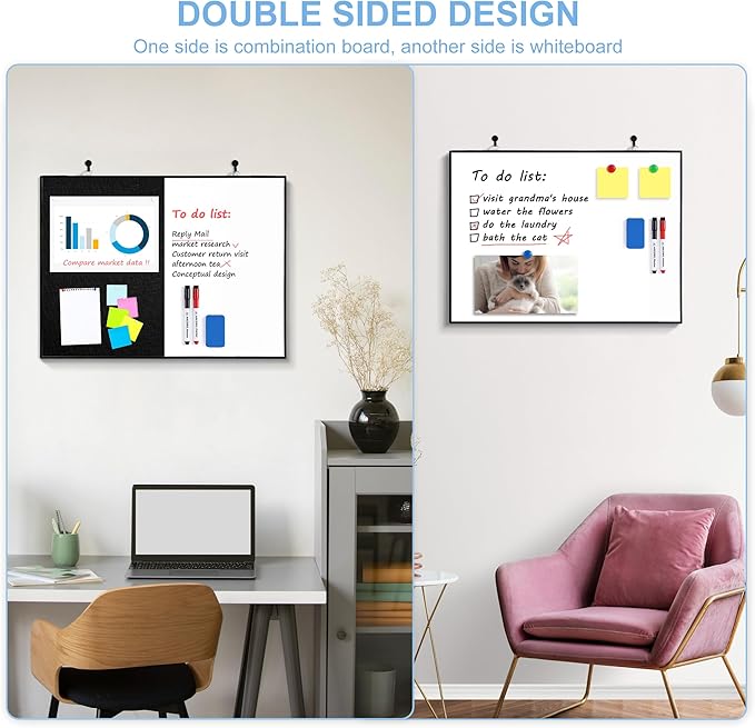 ARCOBIS Cork Board White Board Combo, 24"X18" Linen Bulletin Board Whiteboard for Wall, Double-Sided Magnetic Dry Erase Corkboard for Home, Office, School, Black