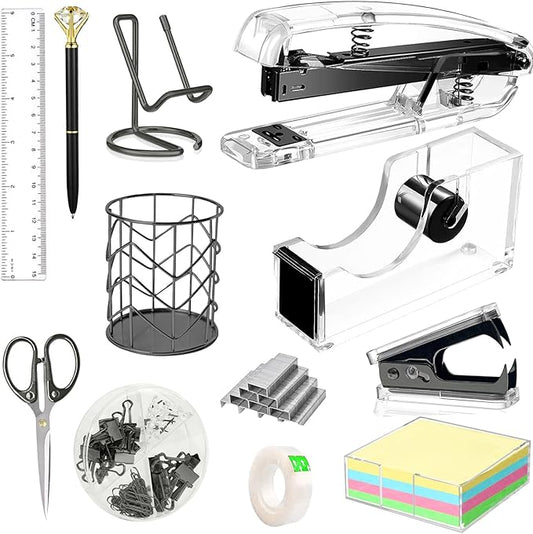 Office Desk Accessories, Acrylic Stapler, Staple Remover, Tape Holder, Pen Holder, Ballpoint Pen, Scissor, Binder Clips, 1000pcs Staples, Phone Holder, Ruler, Transparent Glue and 300 Notes