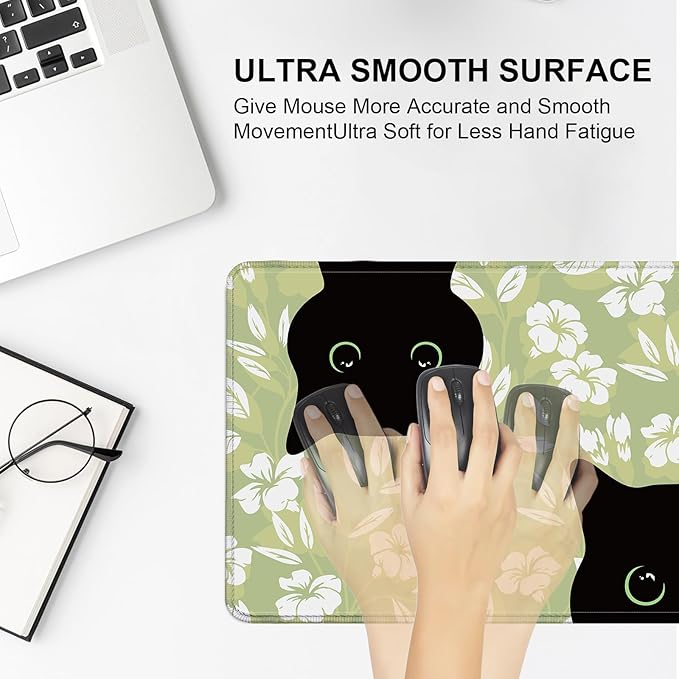 Large Desk Mat, Desk Matt for Desktop, Computer Gaming Mouse Pads, Anti-Slip Rubber Base, Stitched Edges Soft Mat for Desktop Office Home 31.5 x 11.8 Inches (Cute Green Leaf Cat)