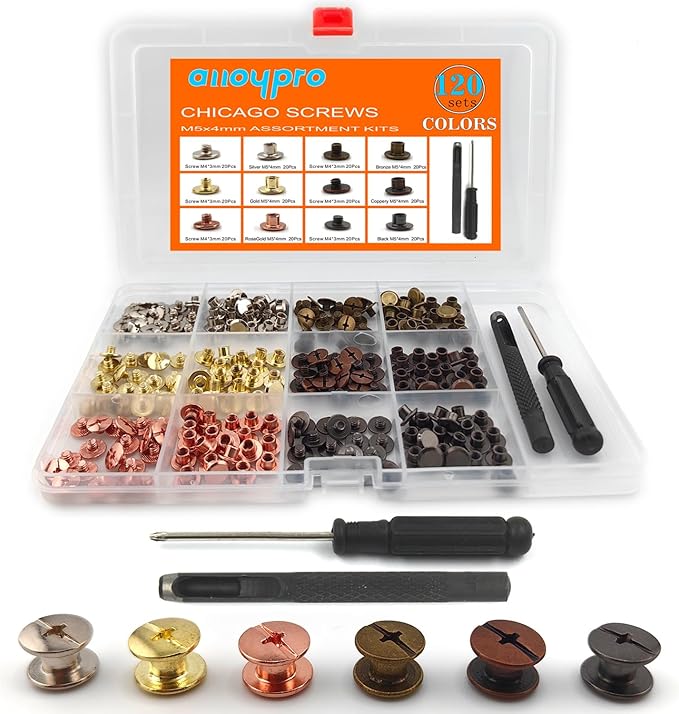 120 Sets Chicago Screws with Hole Puncher and Screwdriver Assorted Kit 6 Color Leather Rivets Screw Flat Fillister Book Binding Posts Nail Rivet Chicago Bolts for DIY Leather Craft (5×4mm)