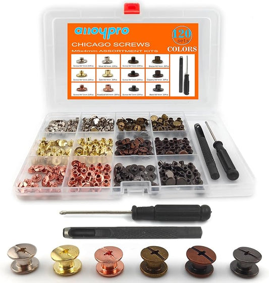120 Sets Chicago Screws with Hole Puncher and Screwdriver Assorted Kit 6 Color Leather Rivets Screw Flat Fillister Book Binding Posts Nail Rivet Chicago Bolts for DIY Leather Craft (5×4mm)