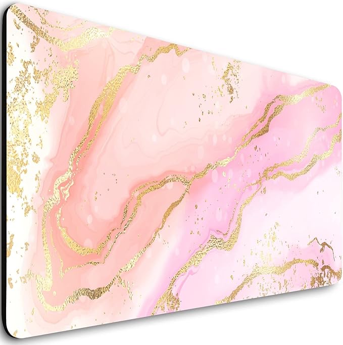 Extended Gaming Mouse Pad (31.5x11.8 in), Large Non-Slip Rubber Base Mousepad,Keyboard Mouse Mat Desk Pad for Work, Game, Office, Home -Rose Gold Watercolor Stripes Pink Marble（NO Glitter）