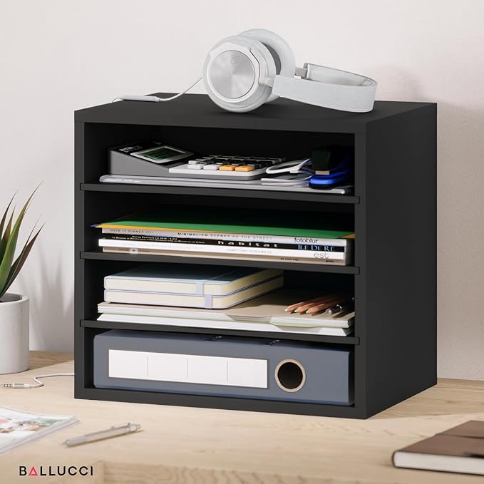 Ballucci 4-Tier Paper Organizer for Desk, Stackable Tray, Desk Storage Organizer Shelves, Stacking Letter Paper Tray Sorter for Classroom Office, Black