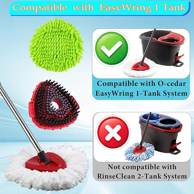 EasyWring Spin Mop Replacement Head Spin Mop Refills Compatible with O Cedar EasyWring 1-Tank Spin Mop Handle, 3 Microfiber Mop Refills, 1 Triangle Head Cover, 1 Scrubber Head and Handle for Ocedar
