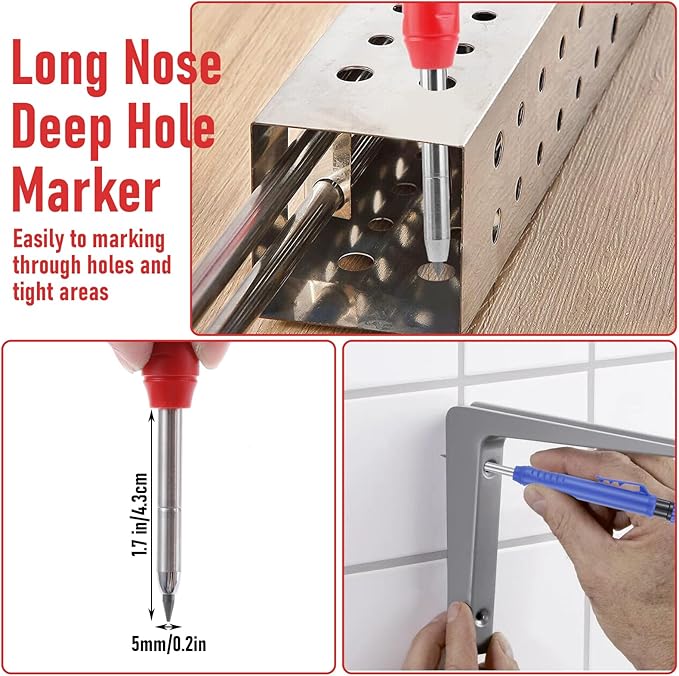 5 Pcs Carpenter Pencil, Woodworking Pencil, Construction Pencils Heavy Duty with 60 Pcs 2.8mm Refills & Built-in Sharpener, Long Nosed Deep Hole Mechanical Marker for Drafting Architect Woodwork