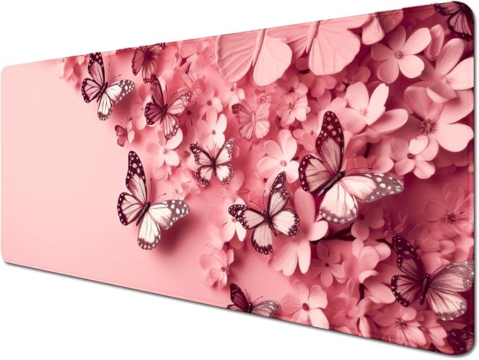 Pink Mouse Pad Desk Mat,Butterfly Large Mouse Pads Desk Pad,Long Mouse Pad Gaming Mousepad Mouse Mat with Stitched Edge - Non-Slip Rubber Base for Office Computer Keyboard Laptop