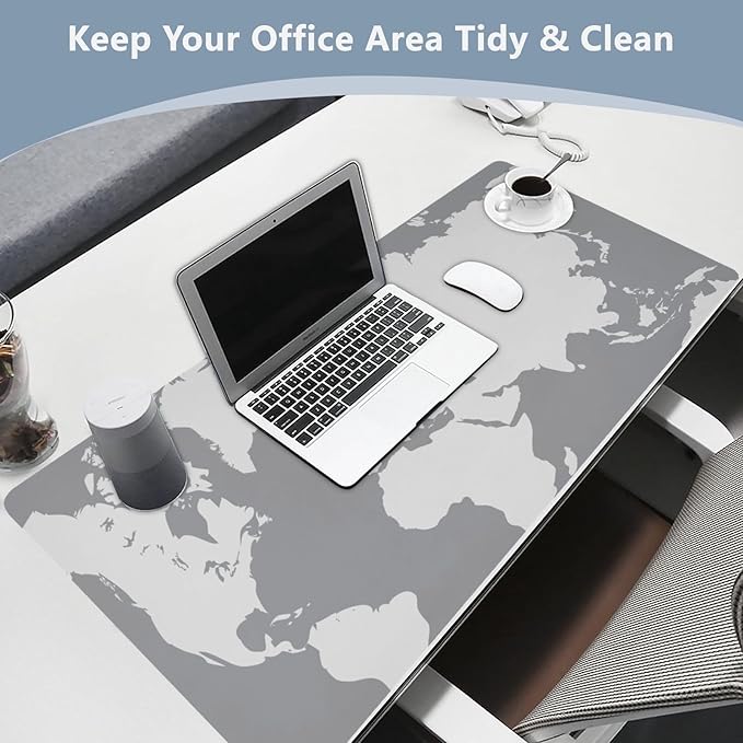 Mouse Pad Desk Mat Leather Desk Pad Large Gaming Desk Cover Protector Mat for Keyboard Computer Laptop Office Waterproof 47.2 x 23.6 Inch World Map Grey