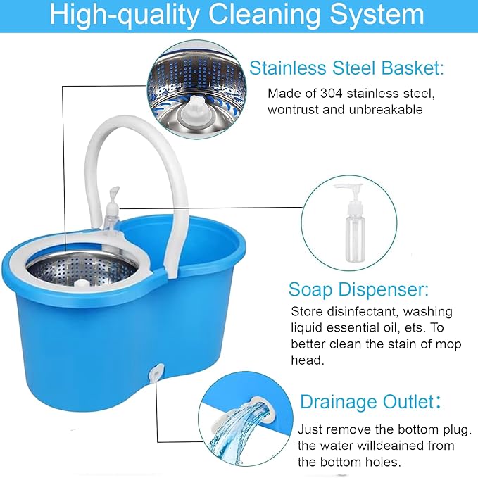 Spin Mop and Bucket with Wringer Set, 360° Spinning Mop Bucket System with 3 Microfiber Mop Replacement Heads Refills,56" Stainless Steel Extended Handle for Floor Cleaning Home(20QT) (Green) (Blue)