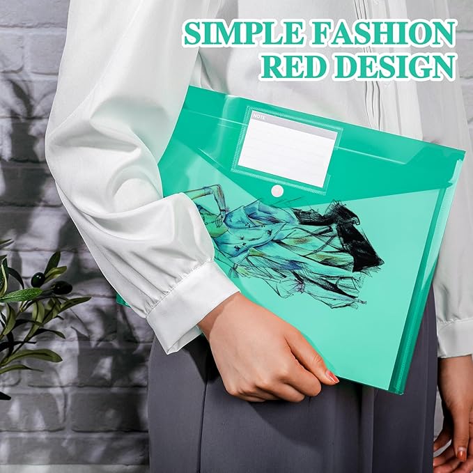 Lincia 24 Pcs Plastic Envelopes A4 Size Poly Envelopes File Folders Work Document Holder Office Paper Plastic File Organizer with Label Pocket Snap Button Home File Bag for School (Clear Green)