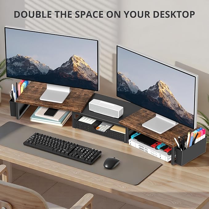 Desk Dual Monitor Stand Riser - Desk Organizer with Drawer and Pen Holders, Office Desk Accessories & Workspace Organization, Computer Monitor Stand for Laptop, Printer, TV, Office Decor, Wood
