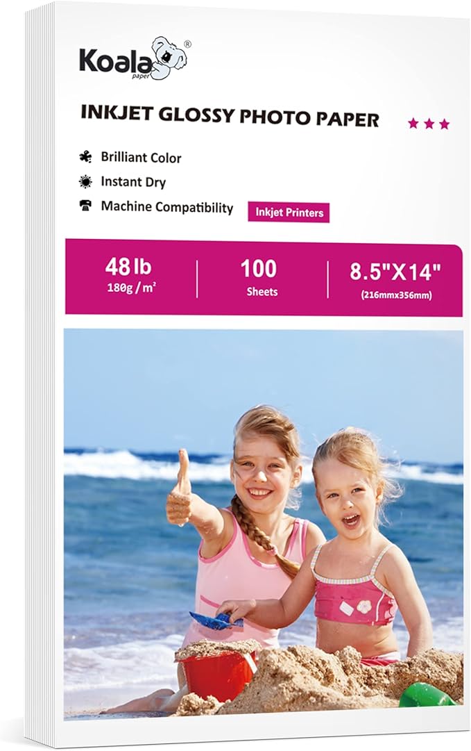 Koala Glossy Inkjet Photo Paper 8.5X14 Inches 48lb 100 Sheets Professional Glossy Photographic Paper Compatible with Inkjet Printer Use DYE INK 180gsm Legal Size