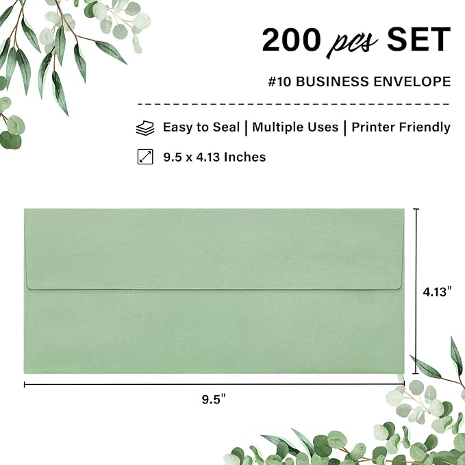 200 Pack #10 Business Envelopes, Self Seal Standard Sage Green Envelopes for Secure Business & Legal Mailing, Office, Checks, Letter, Invoices, 4 1/8 x 9 1/2 Inches
