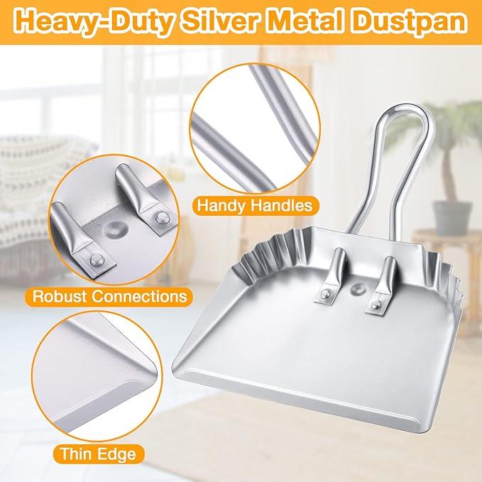 Mumufy 8 Pcs 12 Inch Heavy Duty Metal Dustpan, Stainless Steel Large Wide Dust Pans for Household, Handheld Scooper, Debris Cleaning Tool for Home Garage Studio Courtyard Indoor Outdoor(Silver)