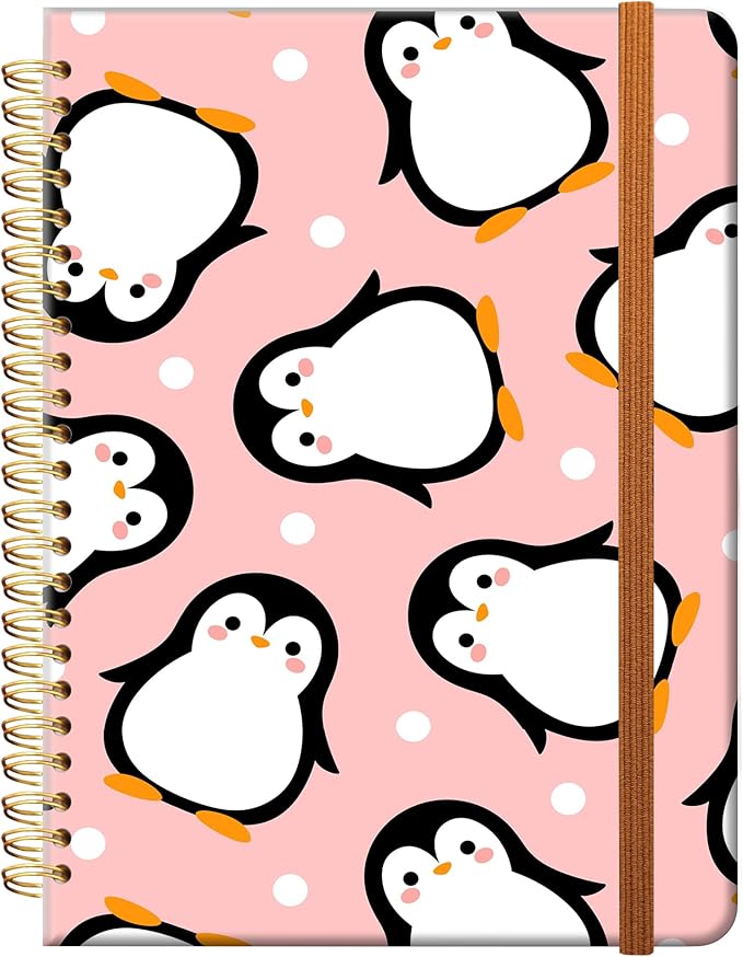 Ruled Spiral Writing Notebook,A5 Hardcover Lined College Journal for Women,Strong Twin-Wire Binding with Premium Paper,8.4" X 6",Perfect for School,Office,Home(Cute Penguin)