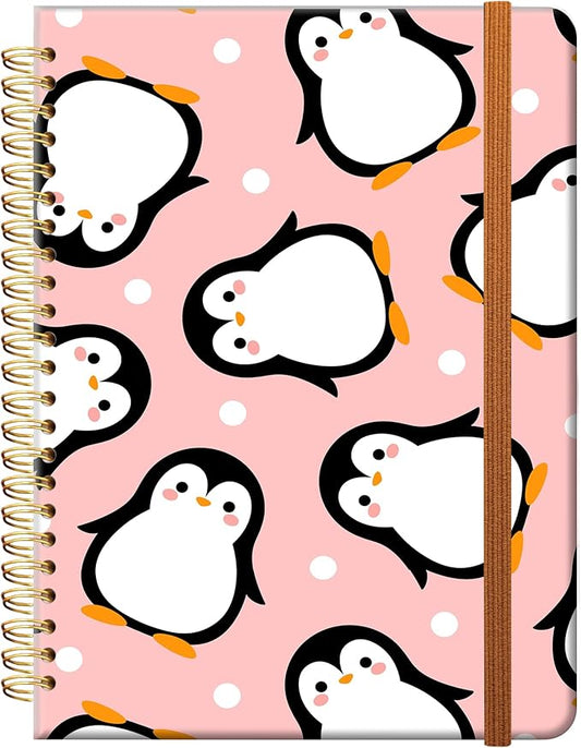 Ruled Spiral Writing Notebook,A5 Hardcover Lined College Journal for Women,Strong Twin-Wire Binding with Premium Paper,8.4" X 6",Perfect for School,Office,Home(Cute Penguin)