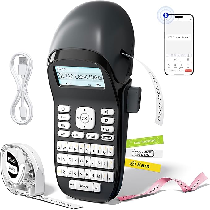Phomemo LT12 Label Maker Machine with Tape, Rechargeable Handheld Label Makers with QWERTY Keyboard Portable Bluetooth Labeler with & 1600+ Icons, 30+ Fonts, for Home, Office, Gray