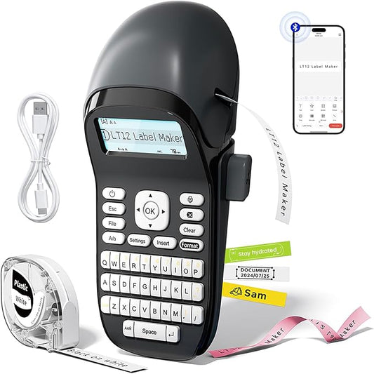 Phomemo LT12 Label Maker Machine with Tape, Rechargeable Handheld Label Makers with QWERTY Keyboard Portable Bluetooth Labeler with & 1600+ Icons, 30+ Fonts, for Home, Office, Gray